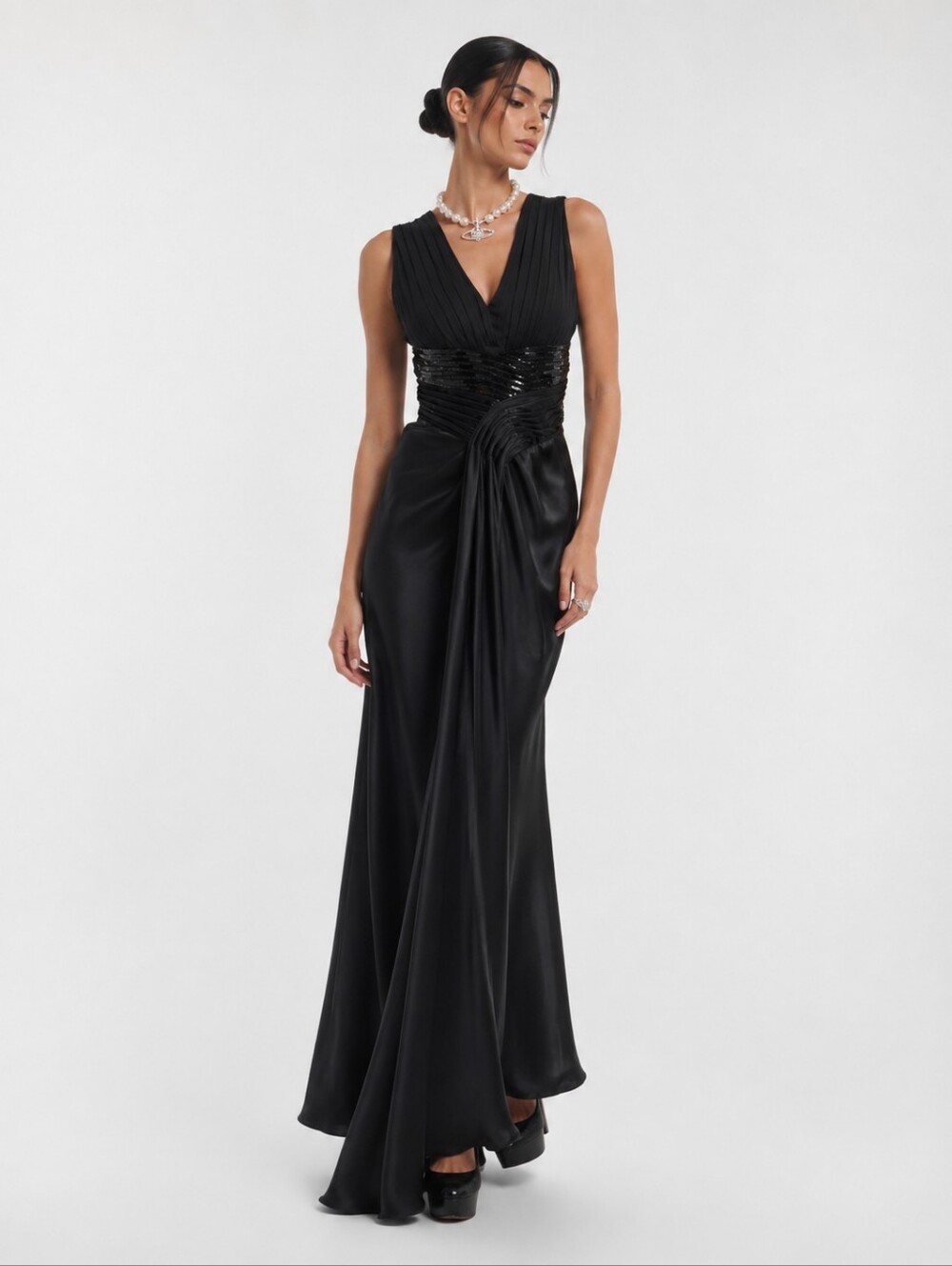 Cartise Black Sequin Waist Satin Evening Gown Dress 6
